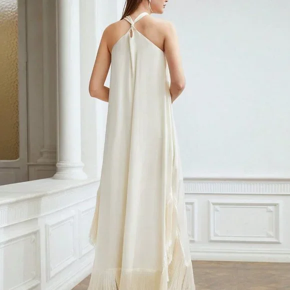 BEIGE PREPPY WOMENS FRINGE HEM CROSS HALTER DRESS - Picture 5 of 5